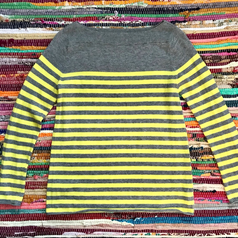 Gap ~ Grey and neon yellow boat neck stripe sweater